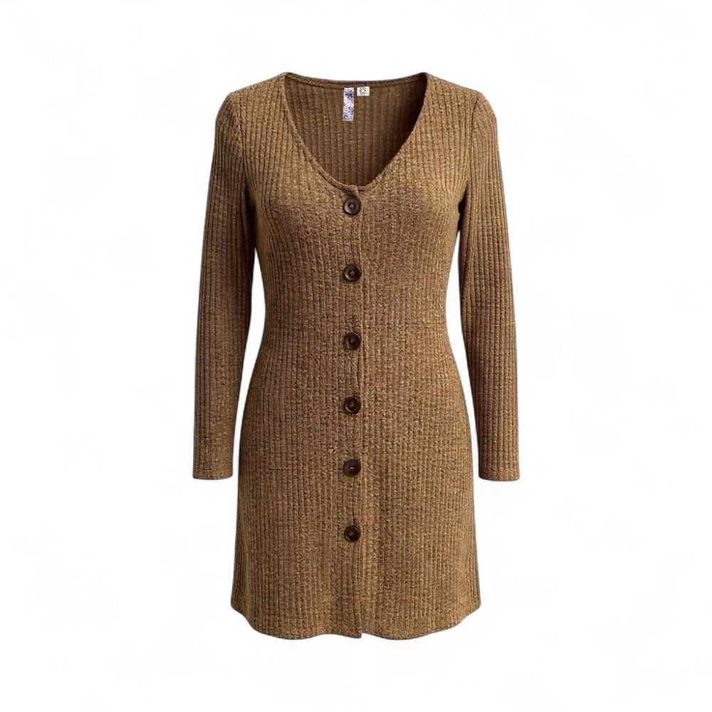 Fall Button Front Knit Dress XXS ALYA Neutral Versatile Brown Tan Long Sleeve